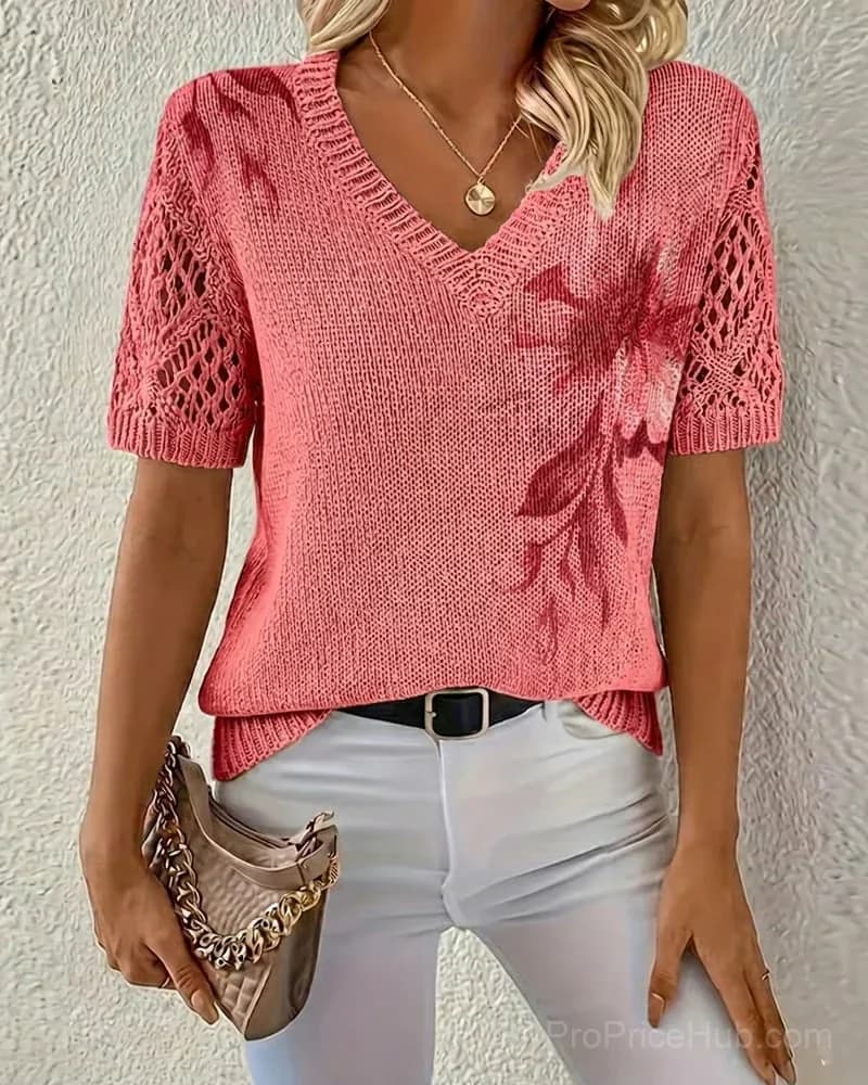 V-Neck Floral Knit Pullover Top, Beige, US 4/S - View 4