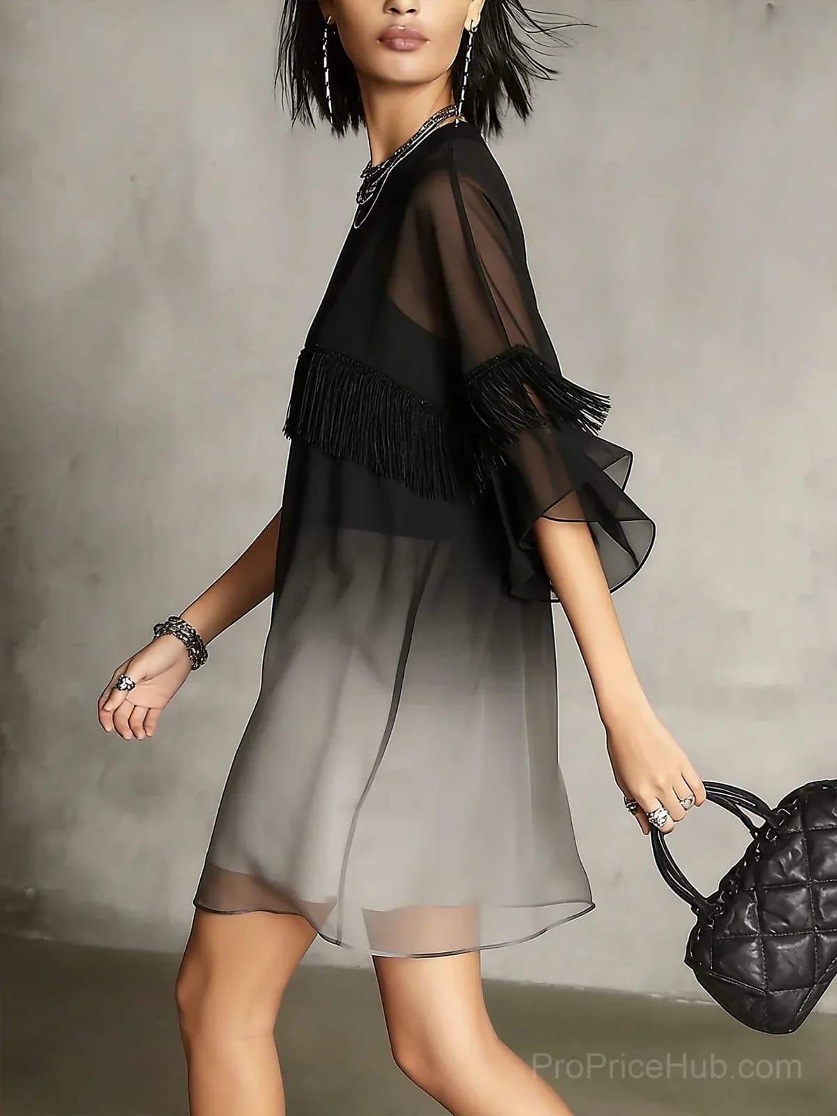 Black Ombre Sheer Fringe Detail Floaty Mini Dress - View 3