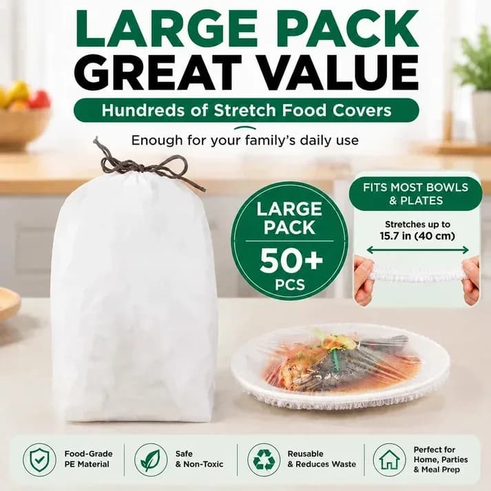 50-Pack Disposable PE Stretch Food Covers for Bowls & Plates - Main