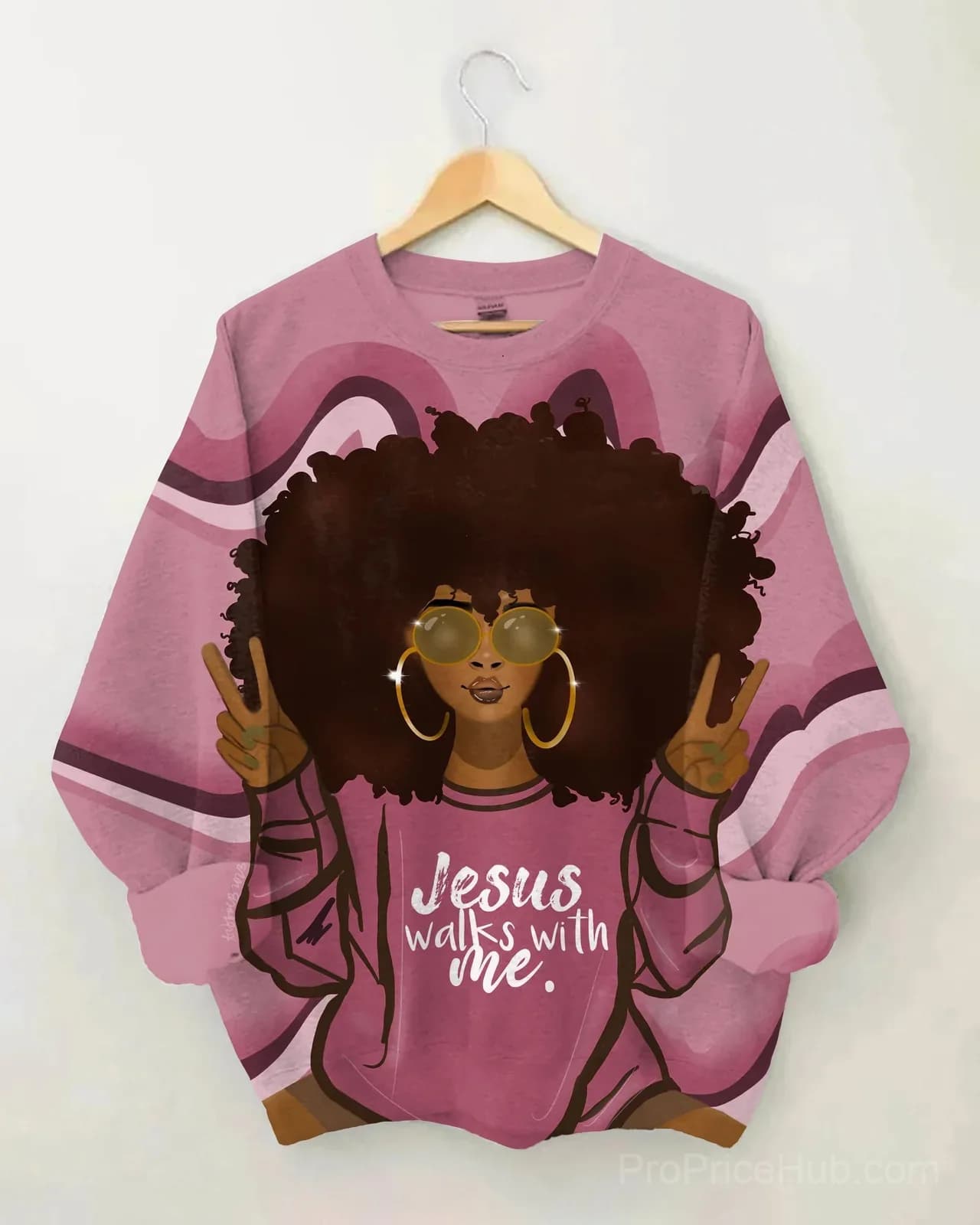 Afro Girl Jesus Walks with Me Long Sleeve Sweatshirt - View 3