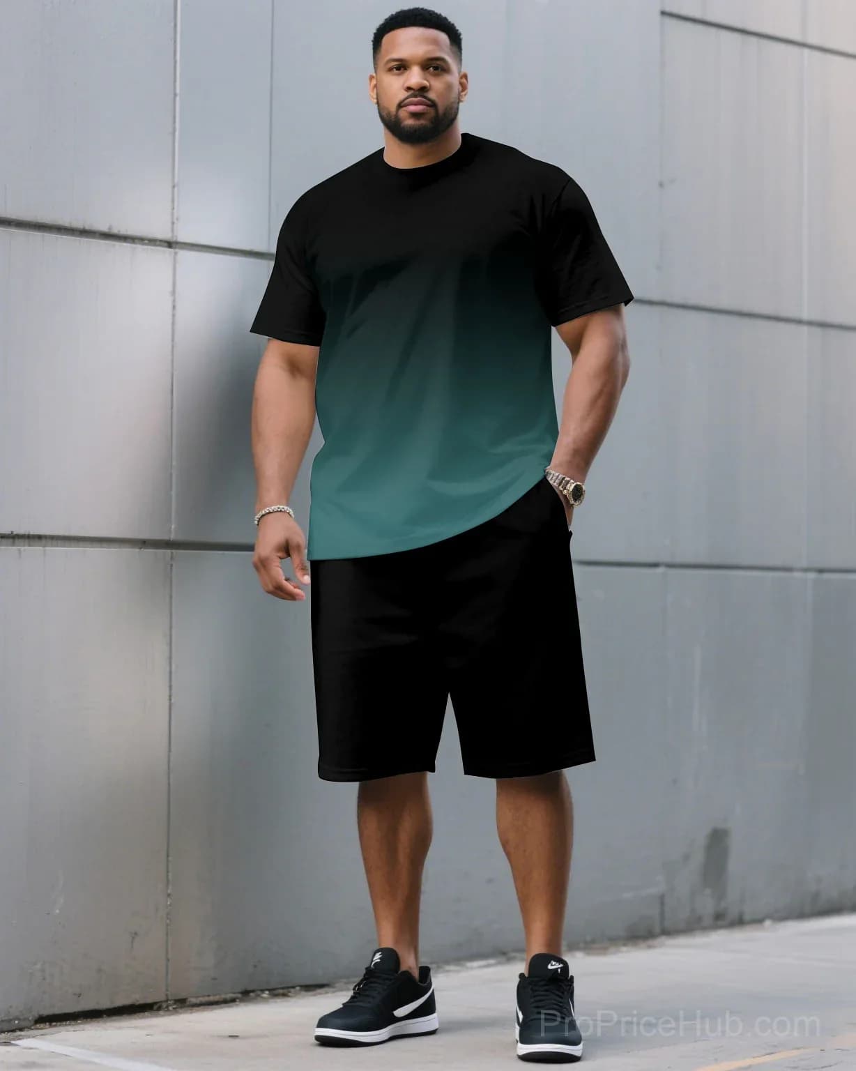 Men's Plus Size Black & Red Gradient T-Shirt and Shorts Set - View 5