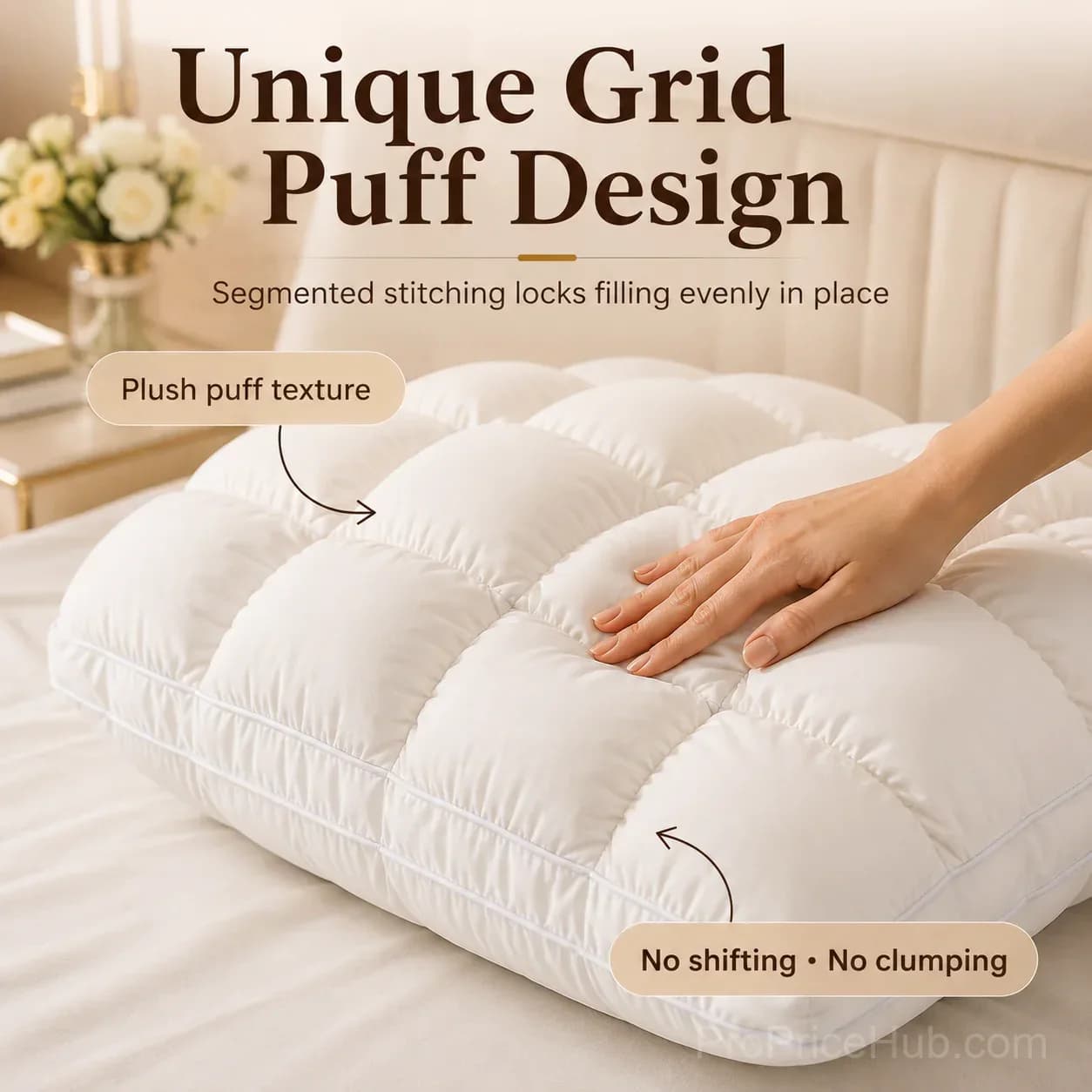 Cloud Puff Grid Pillow – Cooling, No-Flat for Side & Back Sleepers - View 9