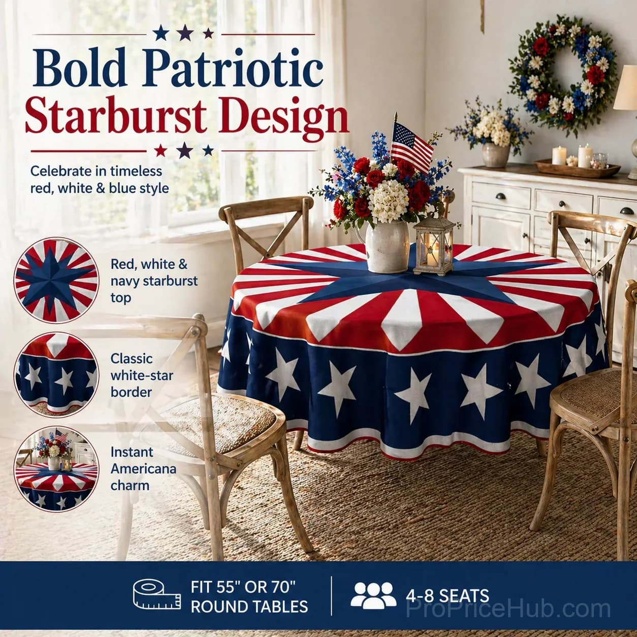 Patriotic Starburst Round Tablecloth - July 4th Independence Day Decor - View 5