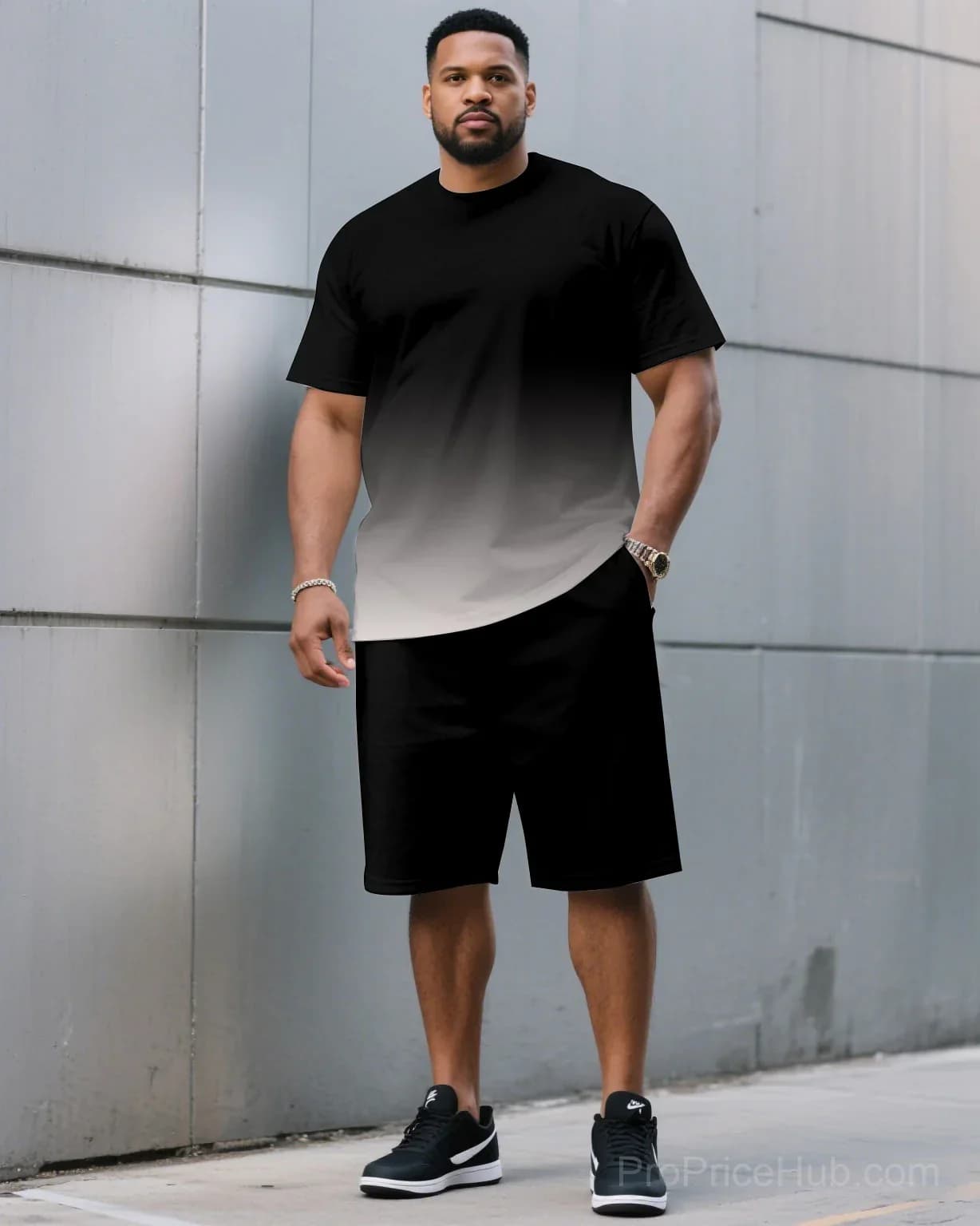 Men's Plus Size Black & Red Gradient T-Shirt and Shorts Set - View 26