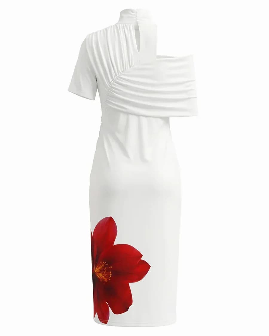 One-Shoulder Asymmetrical Midi Dress with Large Floral Print - View 4