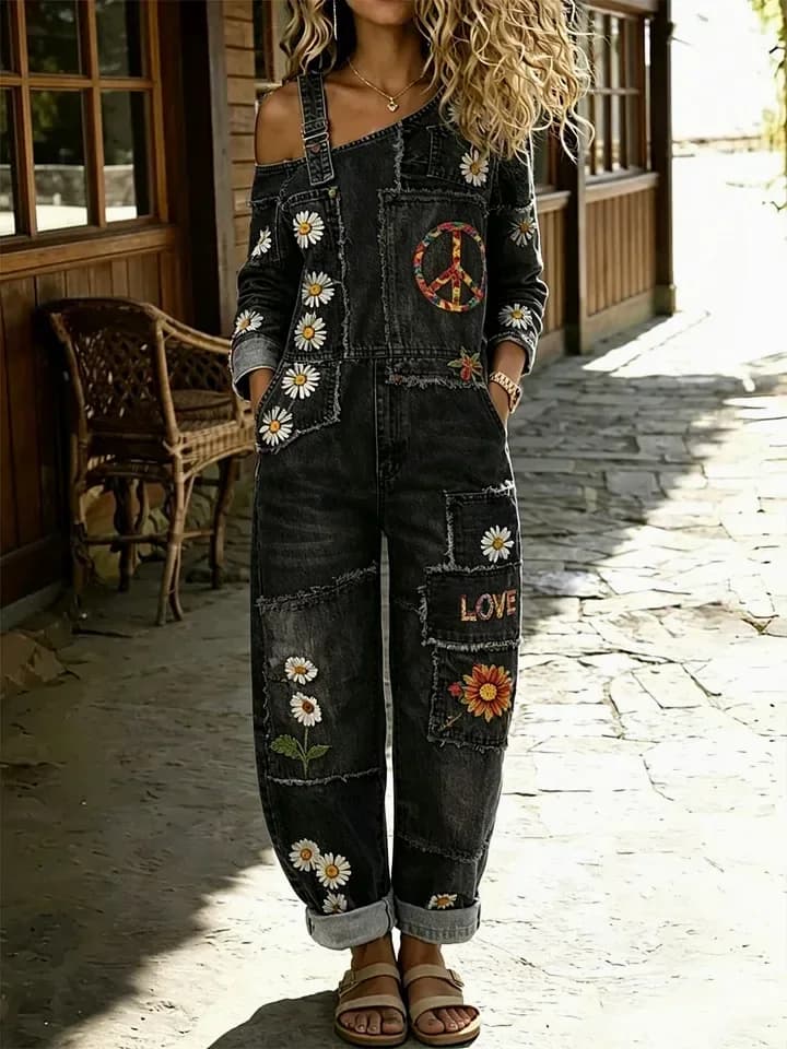 Women's Retro Floral Color-Blocked Washed Cotton Denim Jumpsuit - View 7