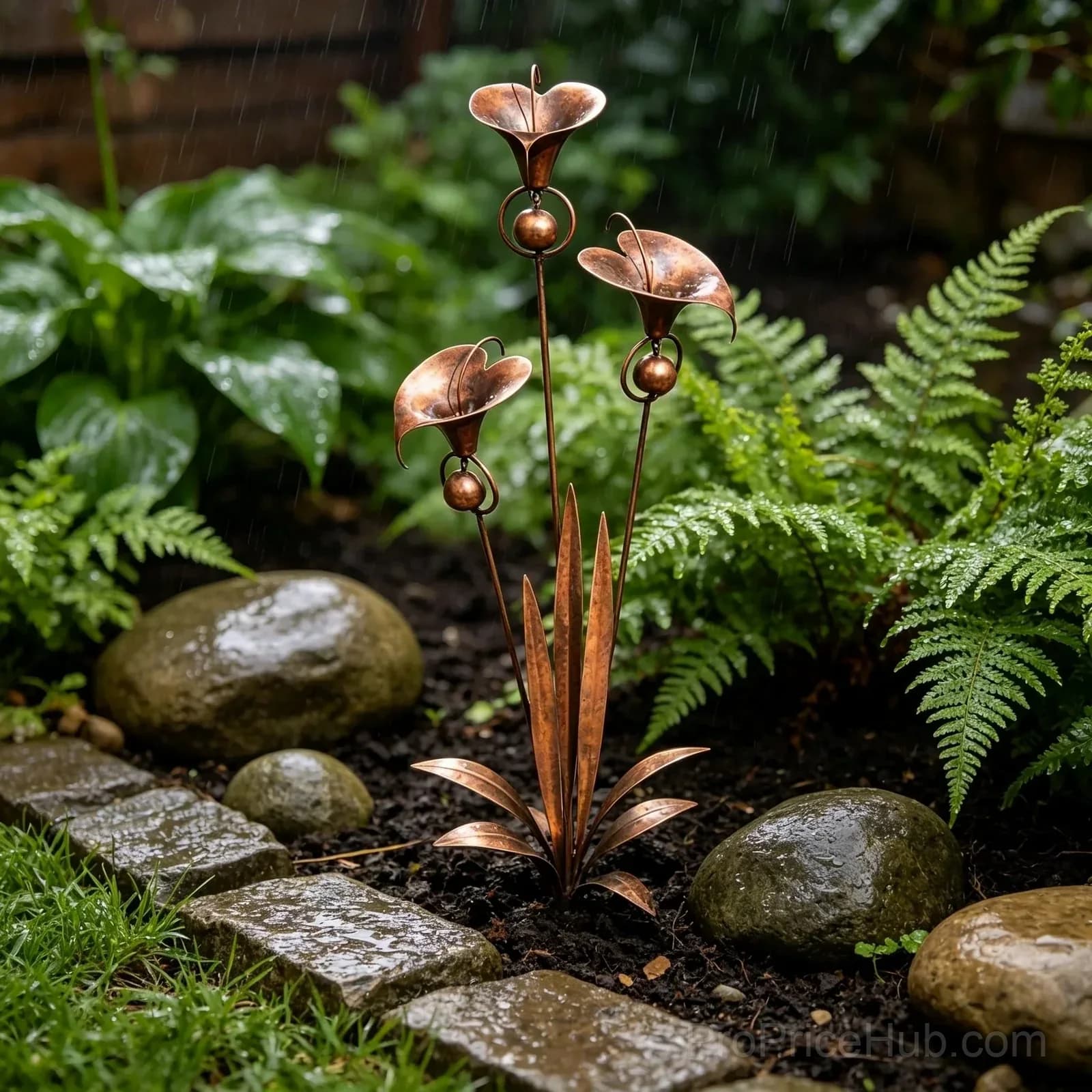 Flamed Copper Three Calla Lilies Garden Stake with Bells - View 8