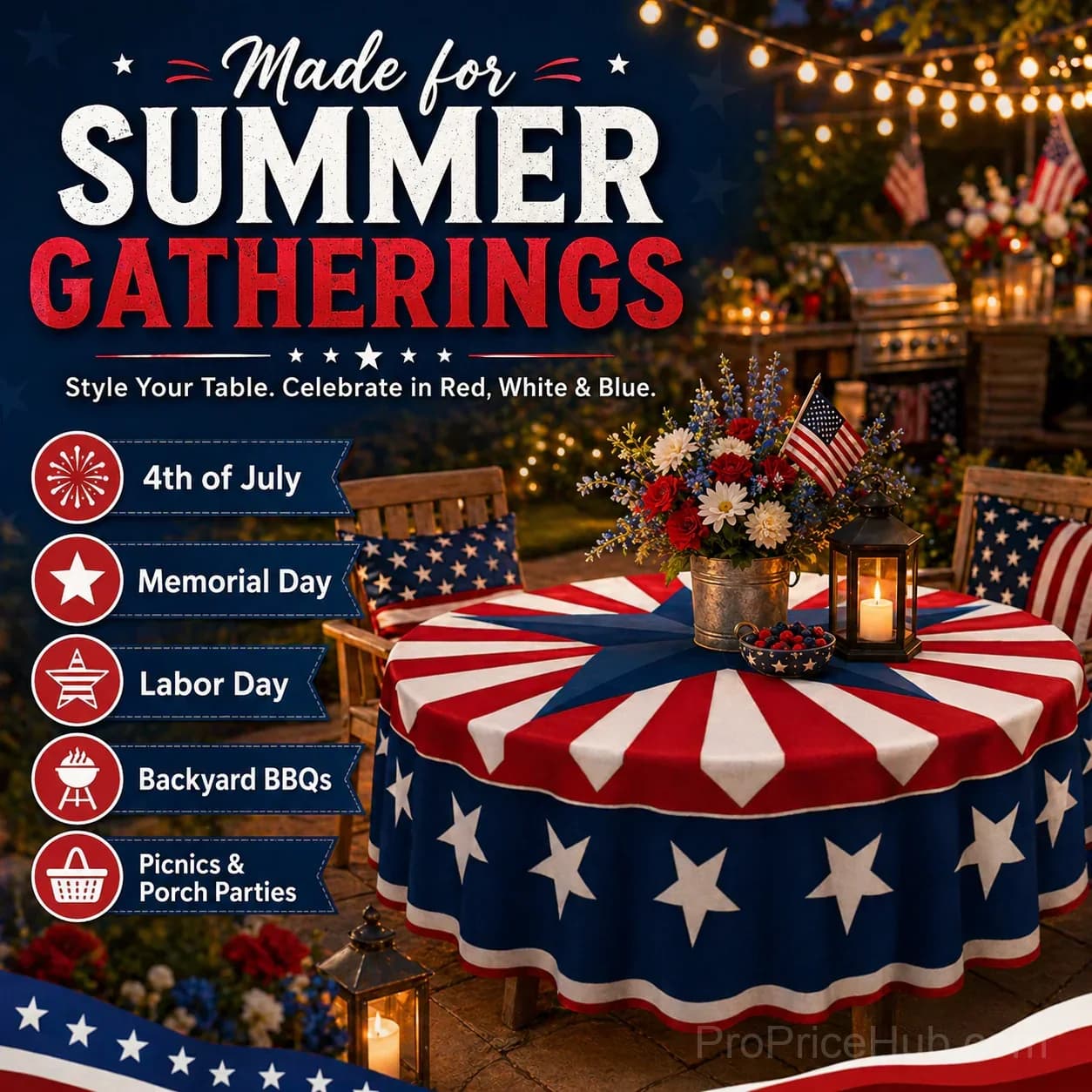 Patriotic Starburst Round Tablecloth - July 4th Independence Day Decor - View 7