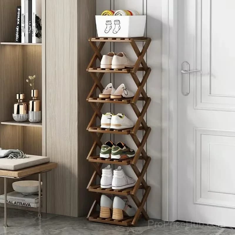 Durable Foldable Bamboo Shoe Rack, Brown, 2-Tier - View 7