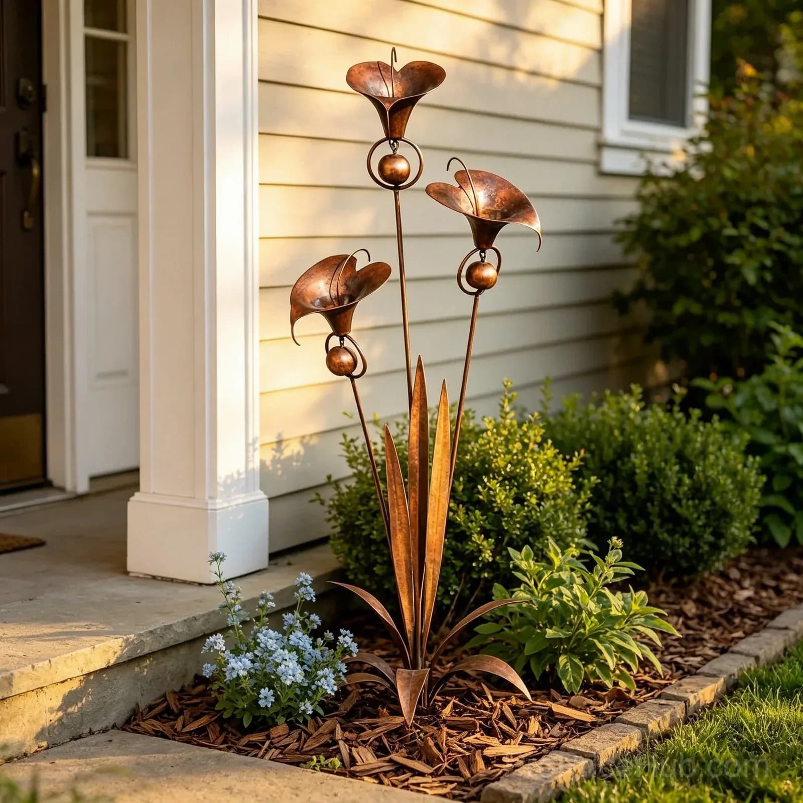 Flamed Copper Three Calla Lilies Garden Stake with Bells - View 7