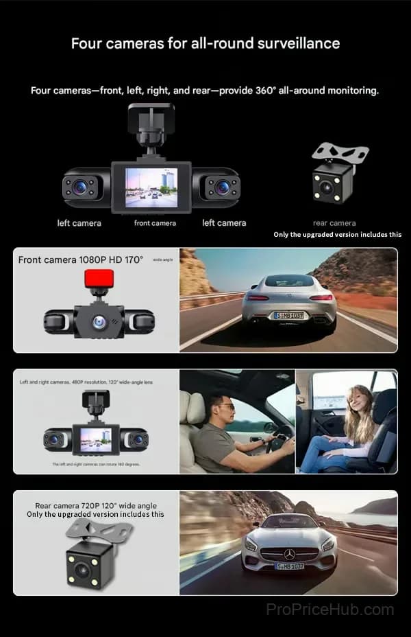 Full View 4-Side Wired Car Dashcam System, No Memory Card - View 4