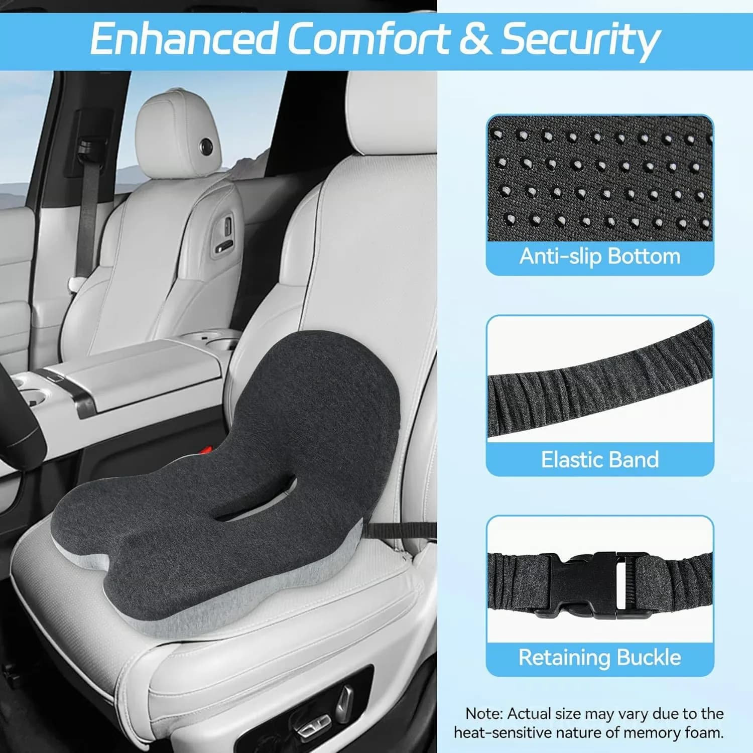 Ergonomic Non-Slip Memory Foam Car Seat Cushion, Black/Gray - View 8