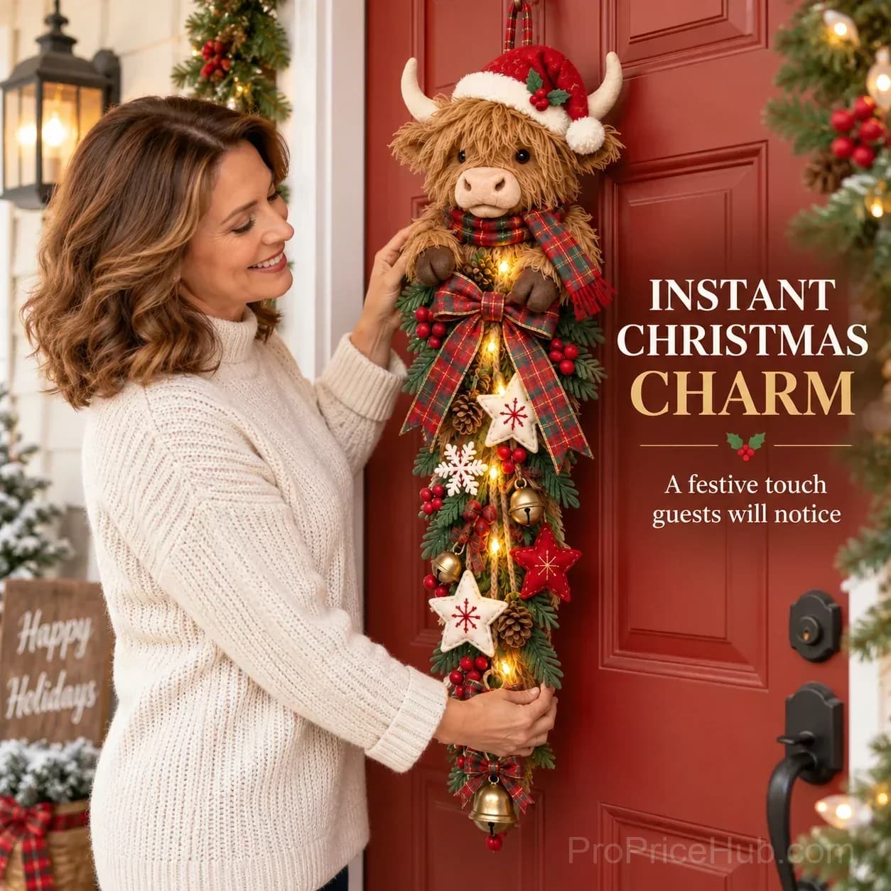 Lighted Highland Cow Christmas Door Swag - Alt