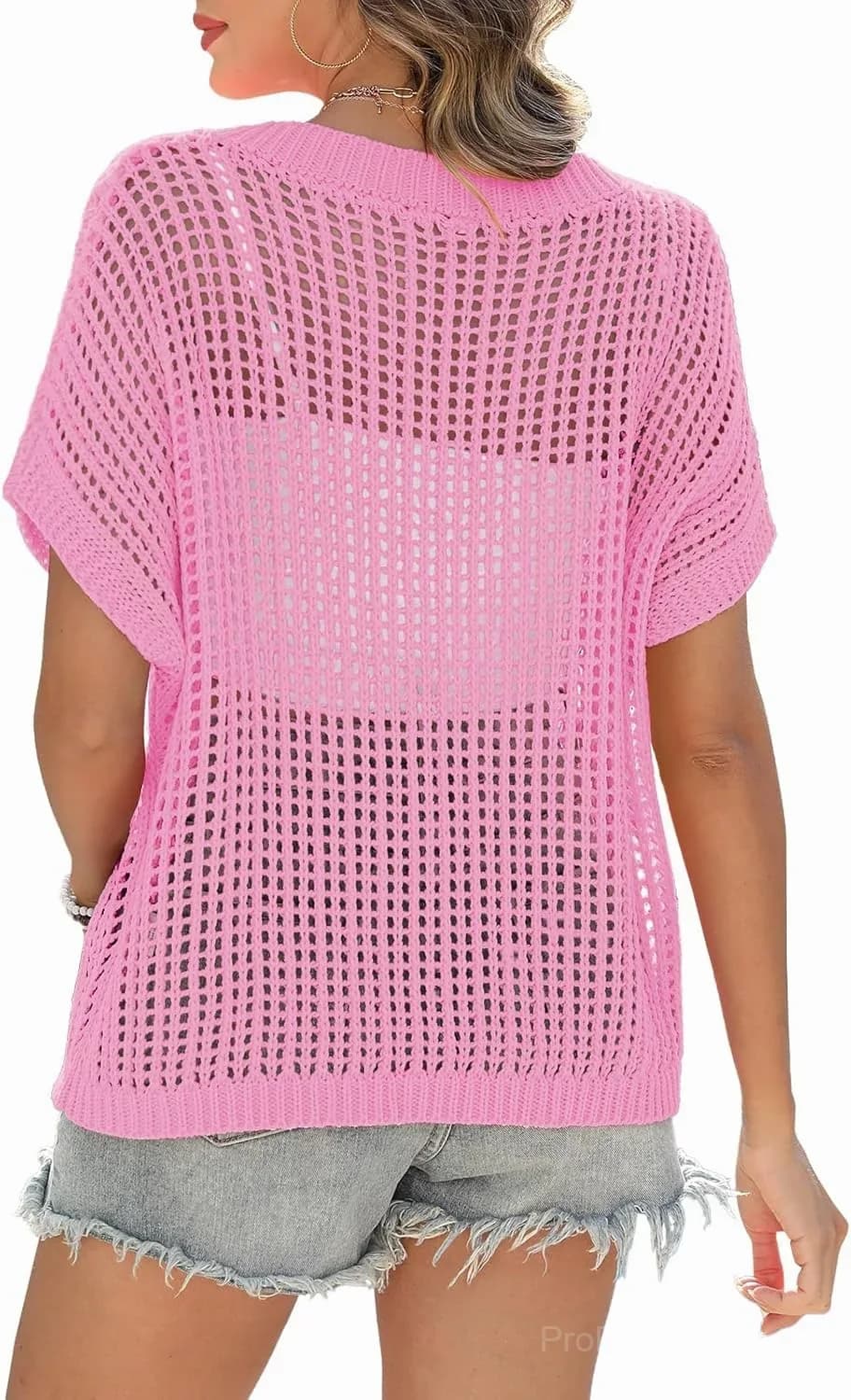 Short Sleeve Casual Crochet Knit Crop Top – Lightweight Summer Top - View 8