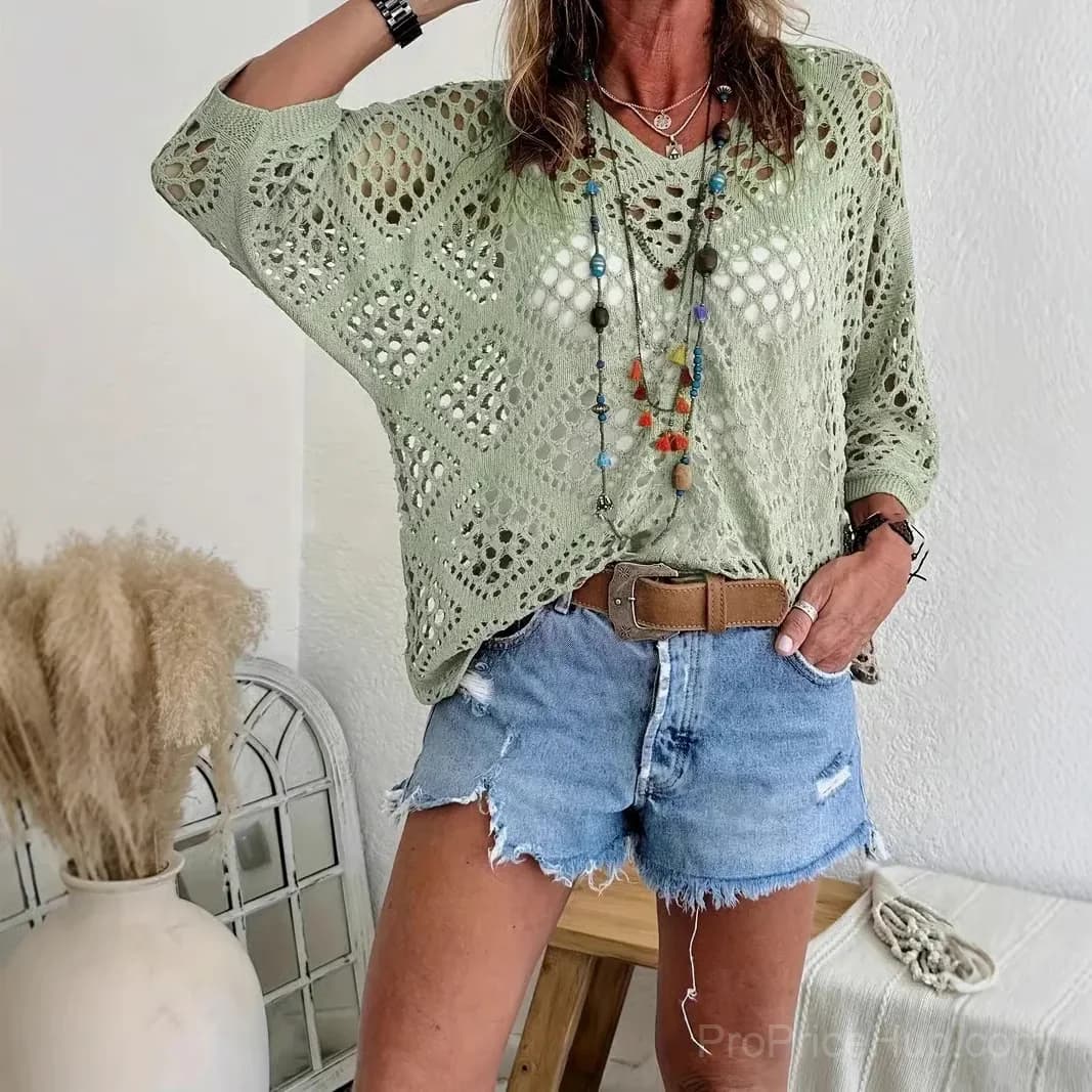 Women's Bohemian V-Neck Crochet Top, Khaki, Size S - View 3