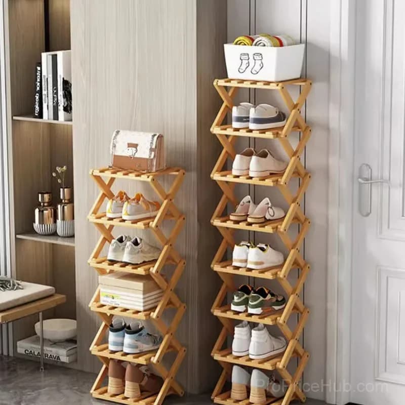 Durable Foldable Bamboo Shoe Rack, Brown, 2-Tier - View 2