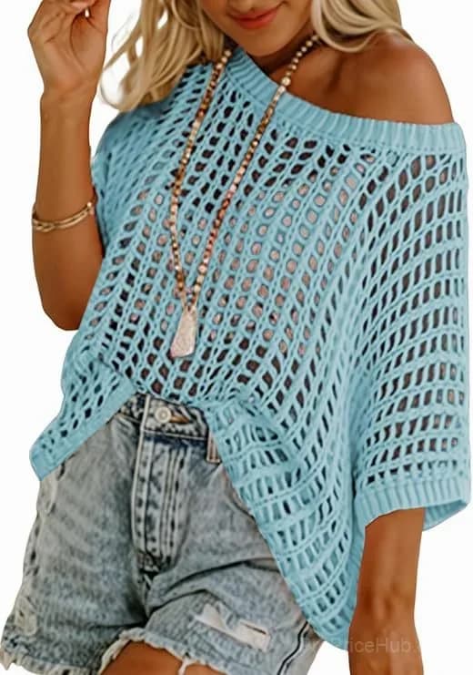 Short Sleeve Casual Crochet Knit Crop Top – Lightweight Summer Top - View 34