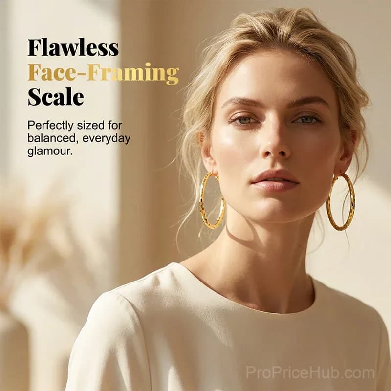 Women's Minimalist Textured Hoop Earrings - Diamond-Cut, Snap Closure - View 7