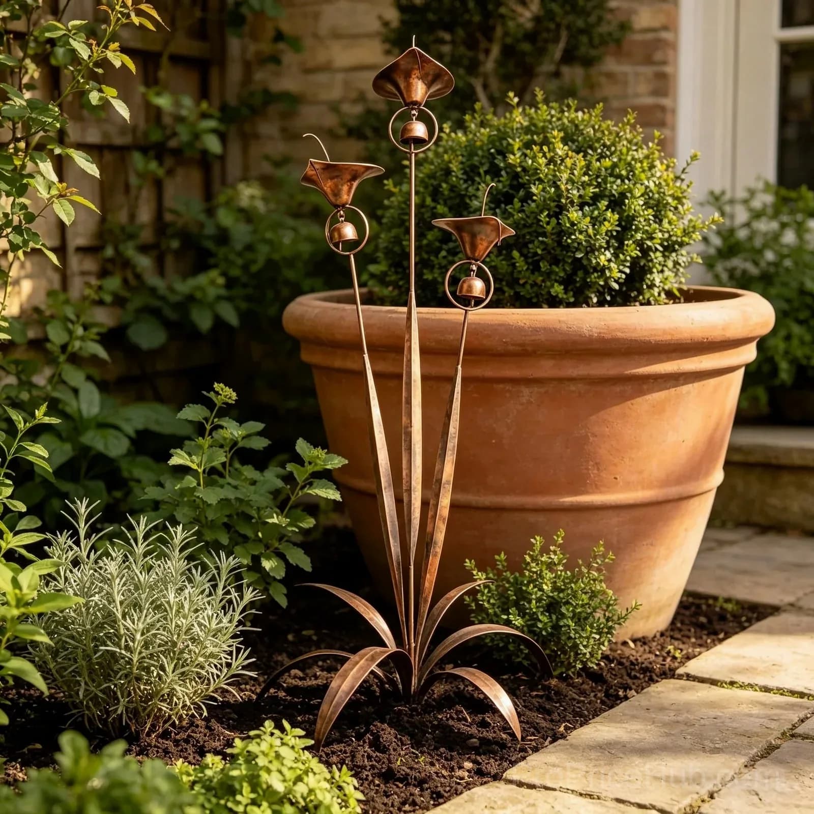 Flamed Copper Three Calla Lilies Garden Stake with Bells - View 12