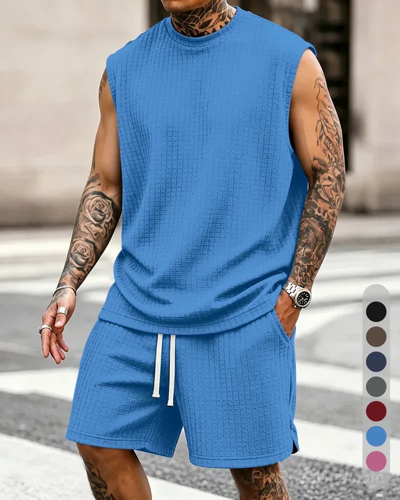 Men's Solid-Color Ribbed Sleeveless Vest & Shorts Set (S-8XL) - View 11