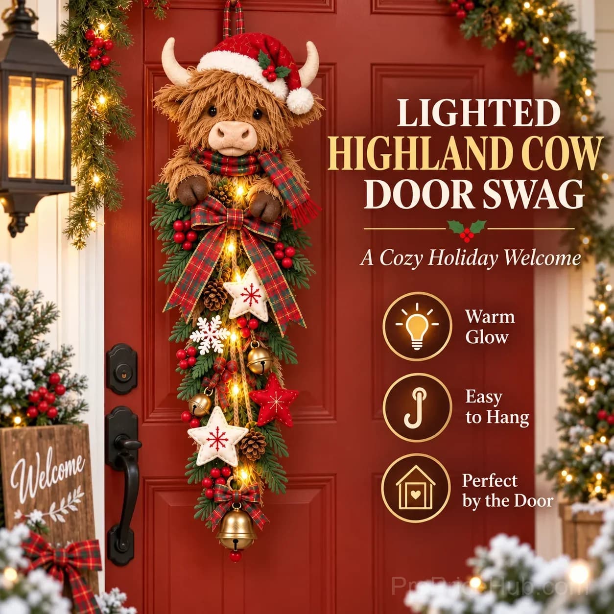 Lighted Highland Cow Christmas Door Swag - Main