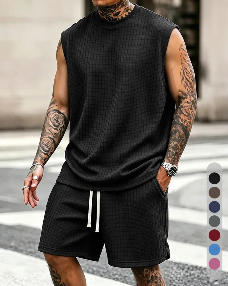 Men's Solid-Color Ribbed Sleeveless Vest & Shorts Set (S-8XL) - View 15