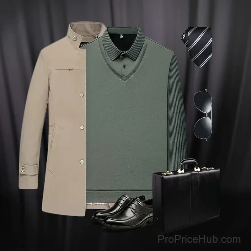 Men's Lapel Faux Two-Piece Knitted Shirt, Khaki, M - View 6