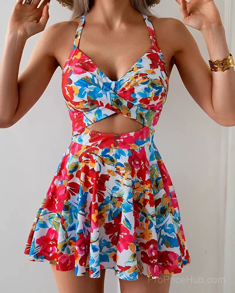 Women's Cutout One Piece Swimsuit with Skirt - Tummy Control High Waist - View 6