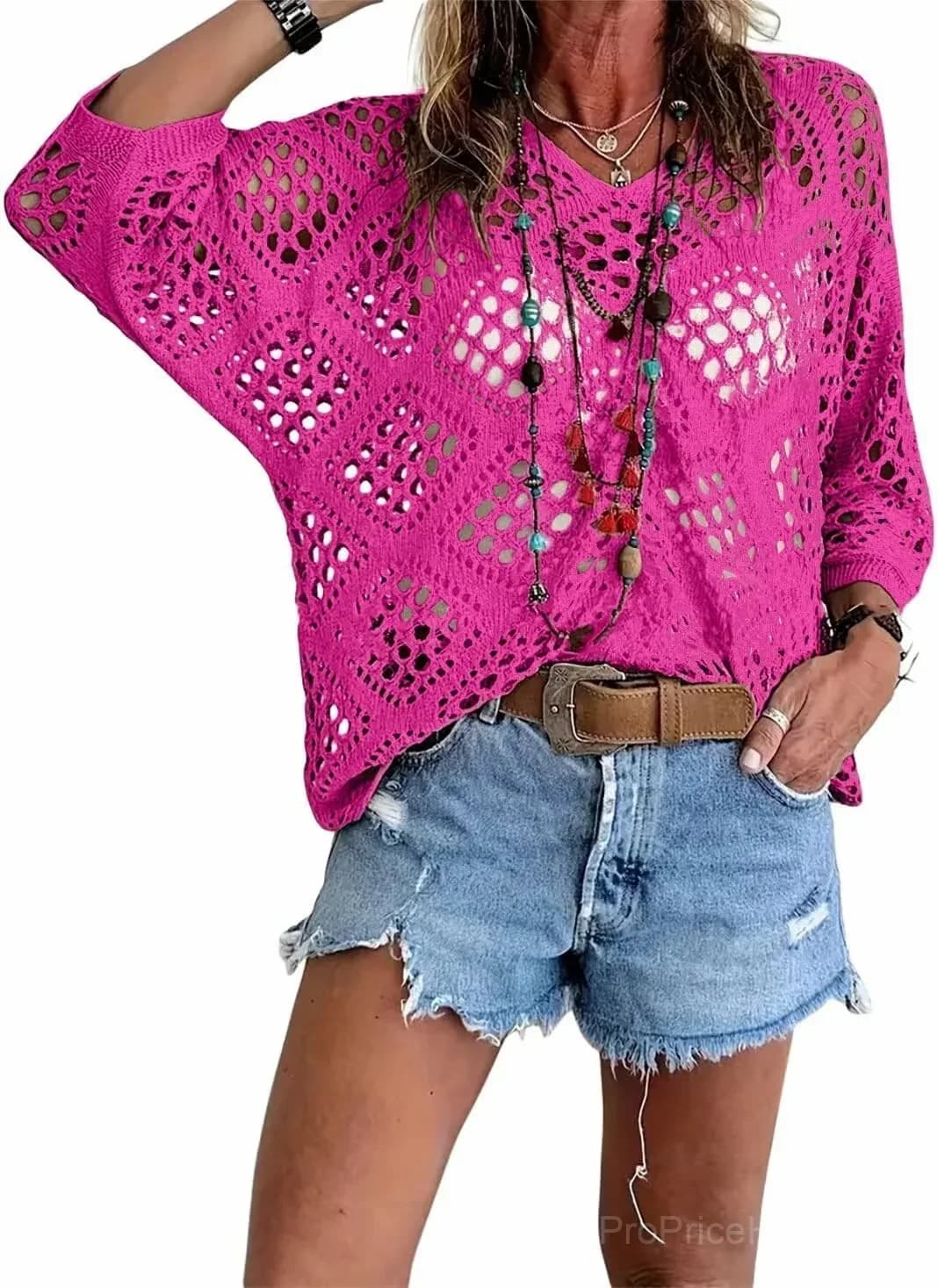 Women's Bohemian V-Neck Crochet Top, Khaki, Size S - View 10