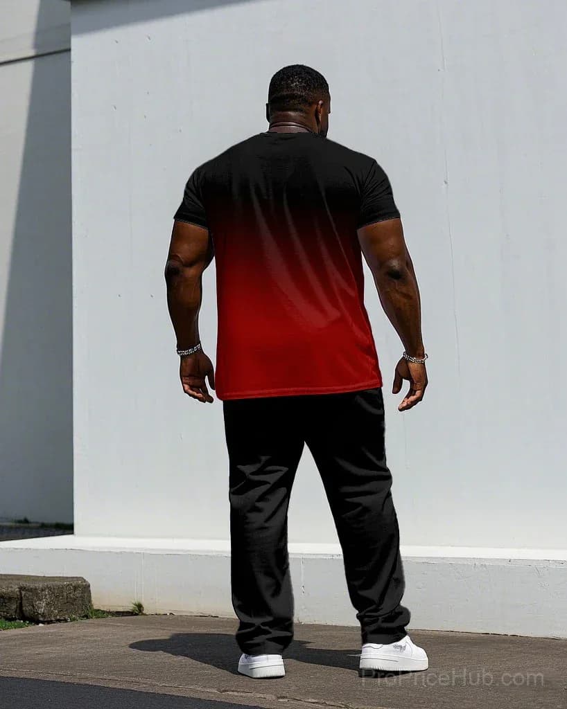 Men's Plus Size Red & Black Gradient King Print Tee & Pants Set - View 5