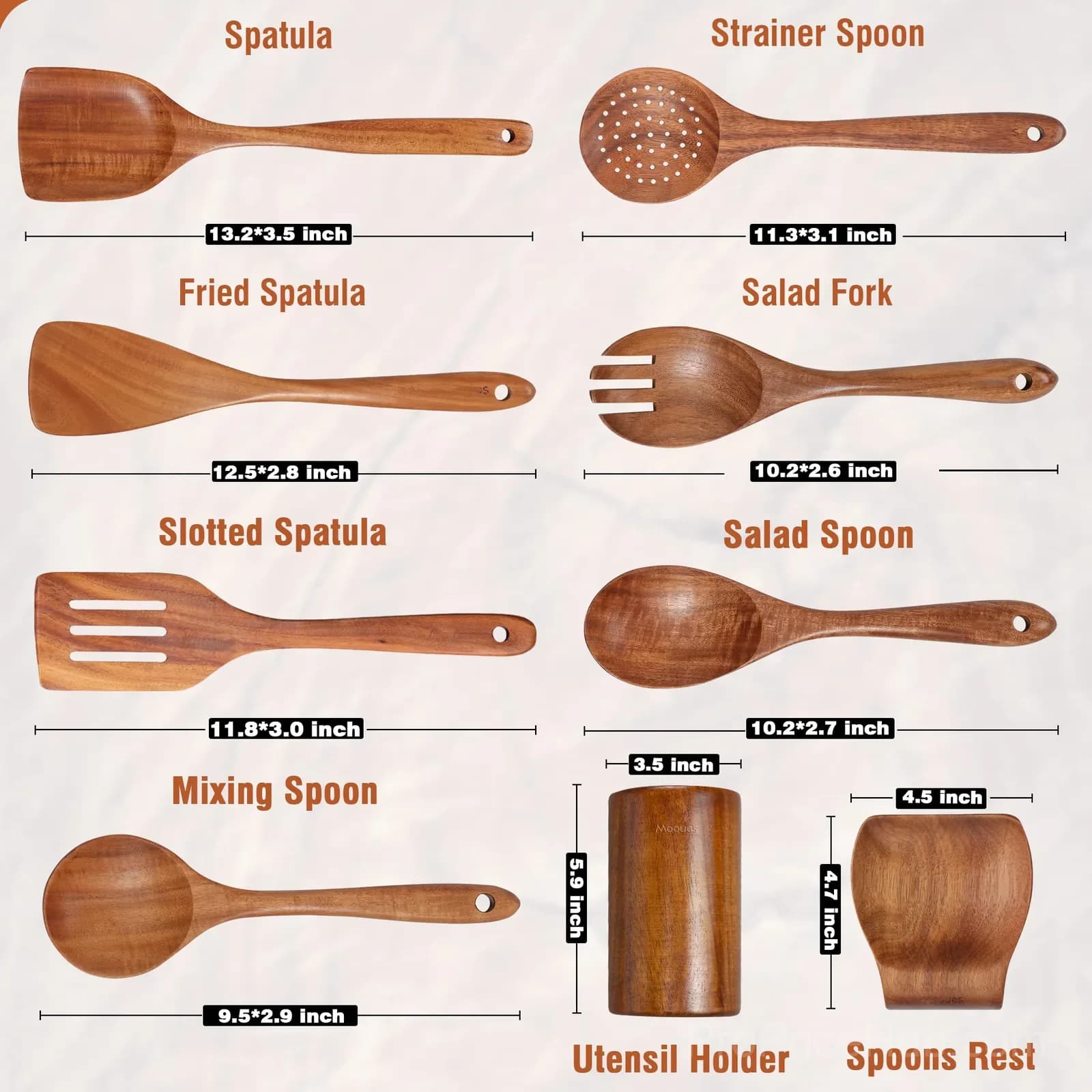 9-Piece Natural Teak Wooden Kitchen Utensil Set with Holder - Alt