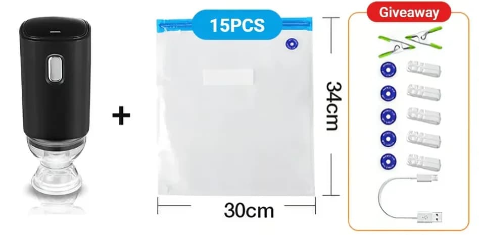Kitchen Vacuum Storage Bag Set, Small, 15-Piece, Gray with Manual Pump - View 18
