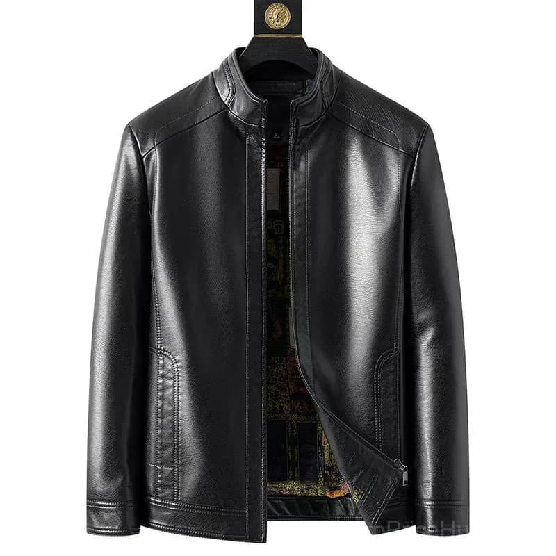 Men’s Black Leather Jacket with Warm Plush Lining, Size M - View 9