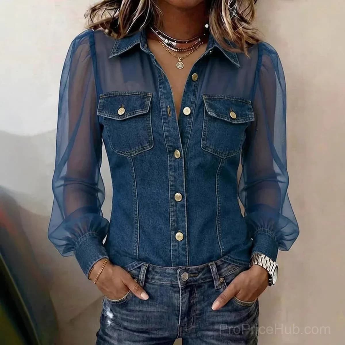 Women's Casual Denim Patchwork Chiffon Long Sleeve Blouse - View 2