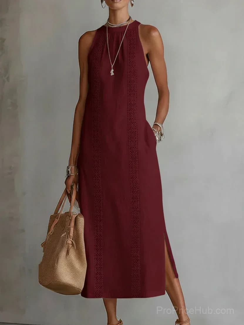 Retro Linen Lace Dress with Minimalist Design - View 7