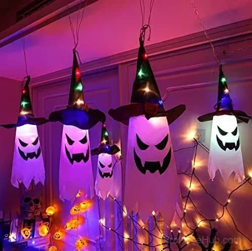 Glowing Ghost Witch Hat Halloween Hanging Light Decor, Warm Light - View 2