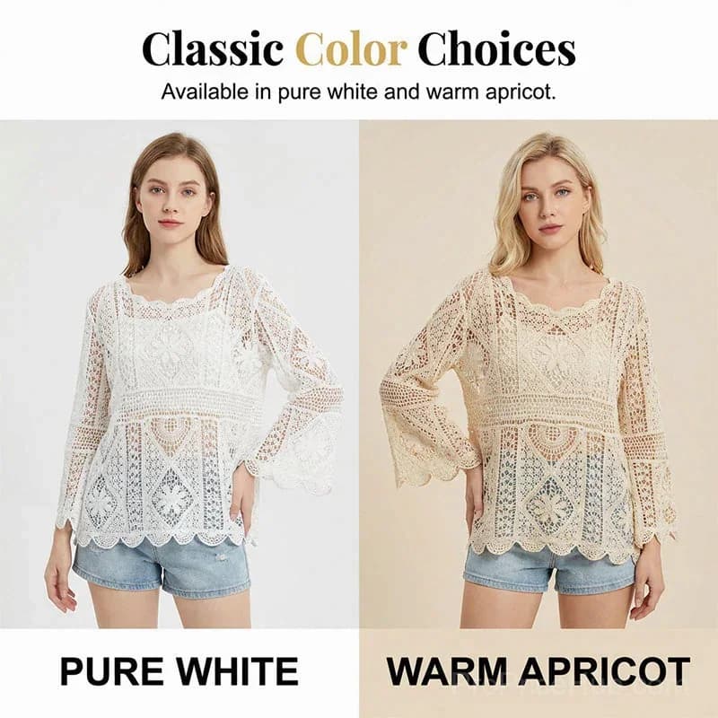 Women's Vintage Lace Cover-Up Blouse – Flare Sleeves Bohemian Beachwear - View 5