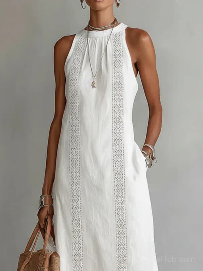 Retro Linen Lace Dress with Minimalist Design - View 4
