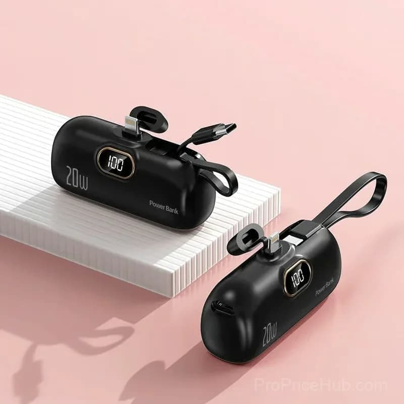 Mini Portable Charger with Built-In Cable, Black/White - View 6