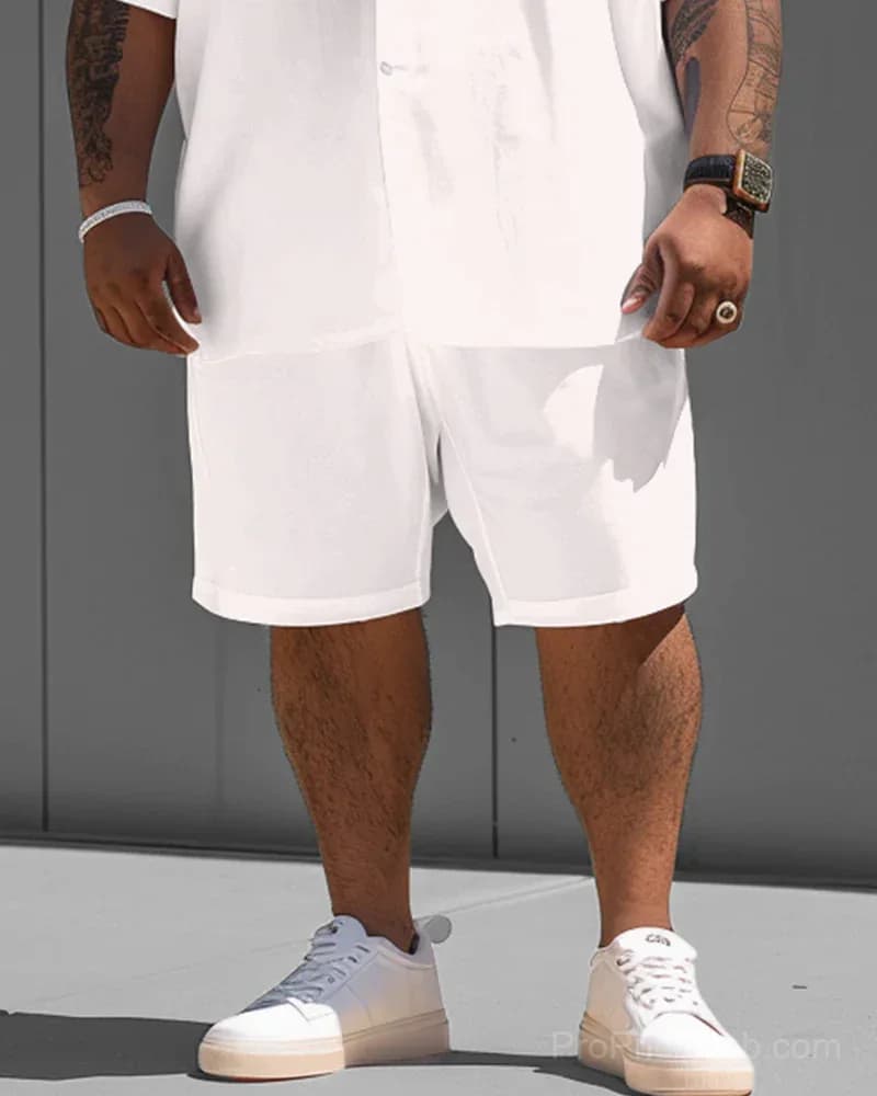 Big Guy White Solid Color Short Sleeve Shirt and Shorts Set - View 4