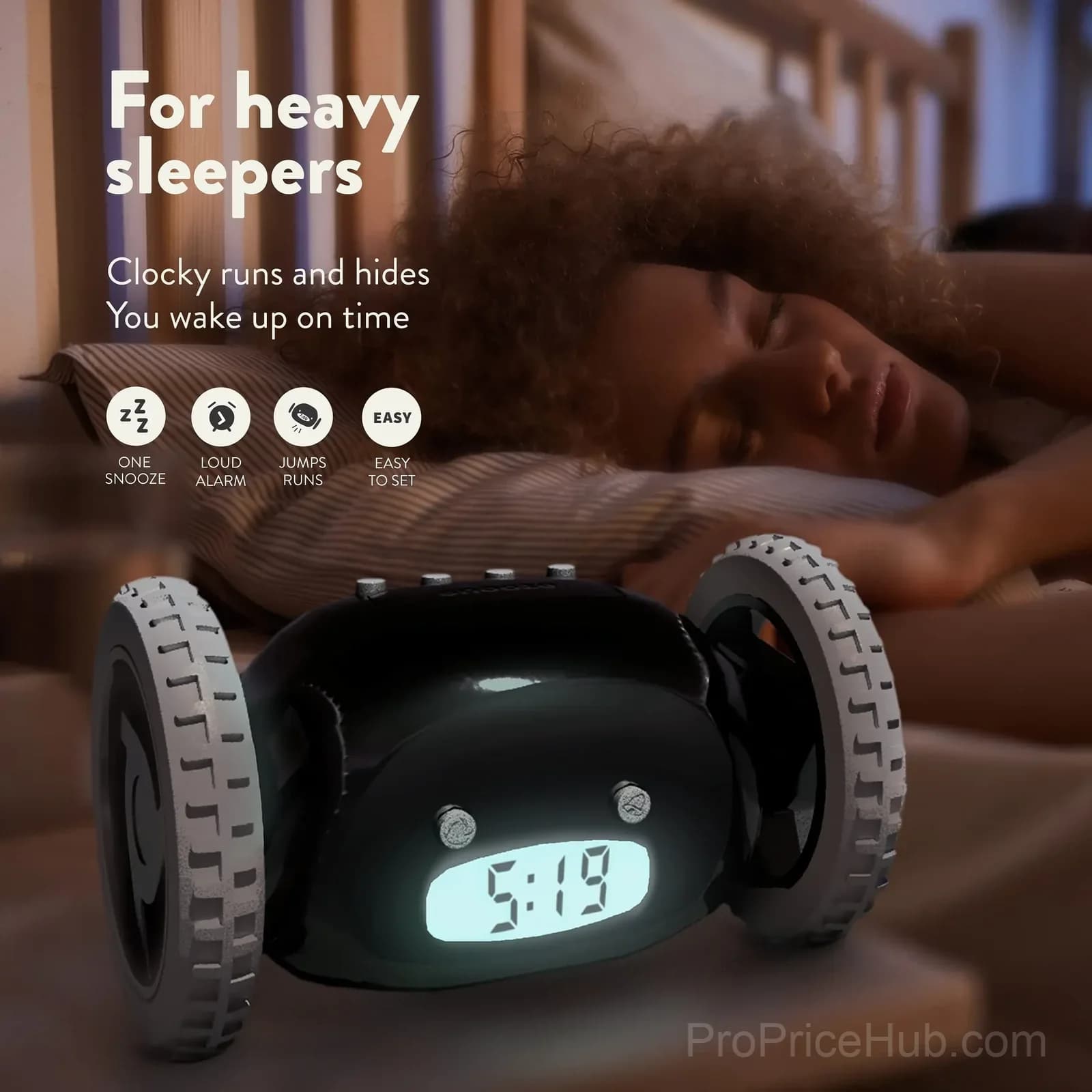 Rolling Alarm Clock on Wheels, Extra Loud, Black - Alt