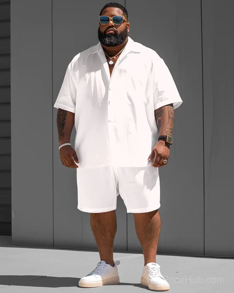 Big Guy White Solid Color Short Sleeve Shirt and Shorts Set - View 2