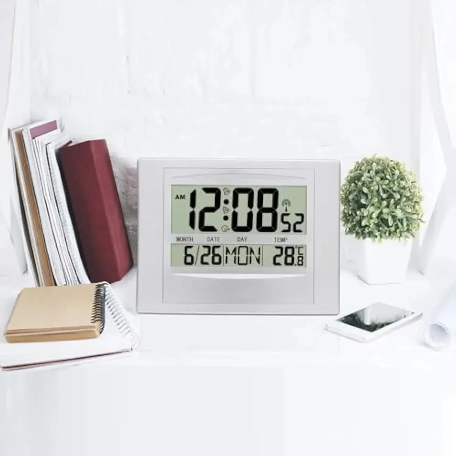 Atomic Digital Wall Clock, Large Display, Dual Alarms & Temperature - View 3