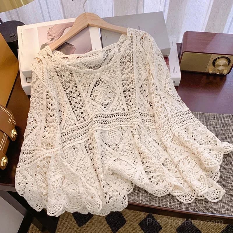 Women's Vintage Lace Cover-Up Blouse – Flare Sleeves Bohemian Beachwear - View 9
