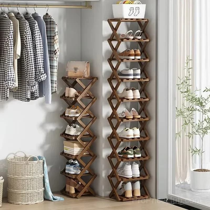 Durable Foldable Bamboo Shoe Rack, Brown, 2-Tier - View 8