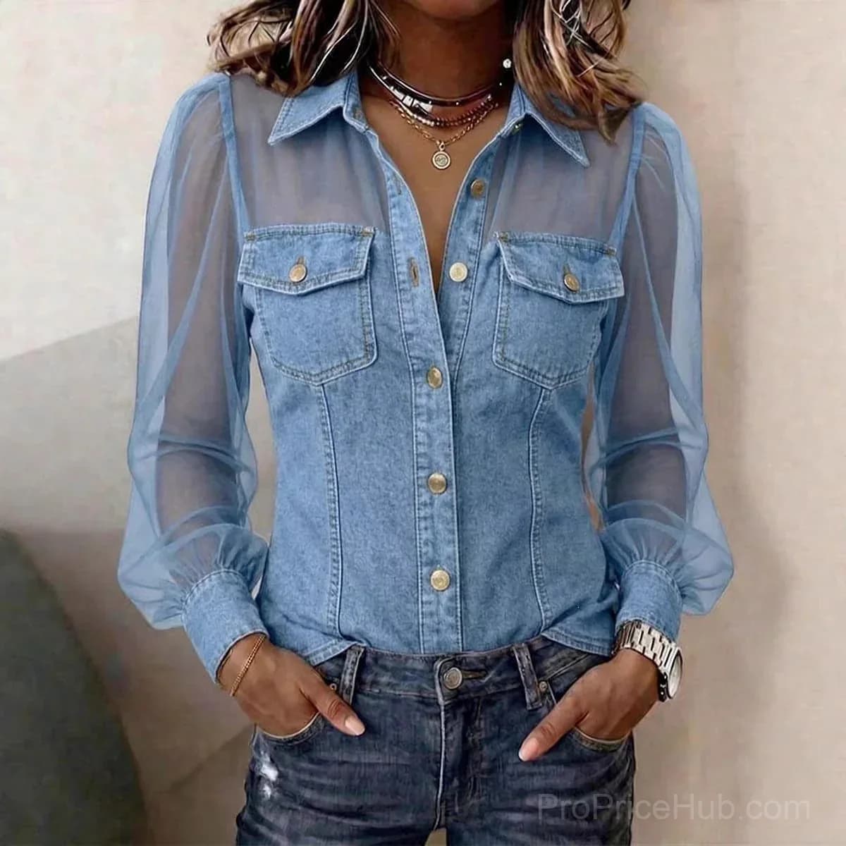 Women's Casual Denim Patchwork Chiffon Long Sleeve Blouse - View 4