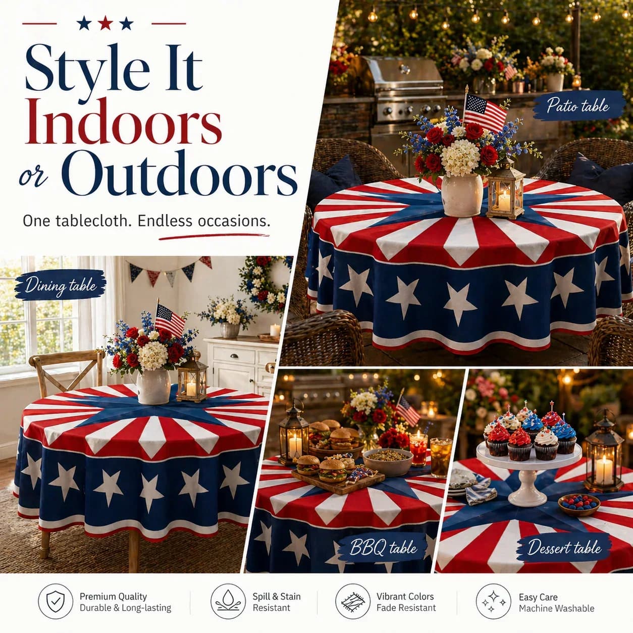 Patriotic Starburst Round Tablecloth - July 4th Independence Day Decor - View 6