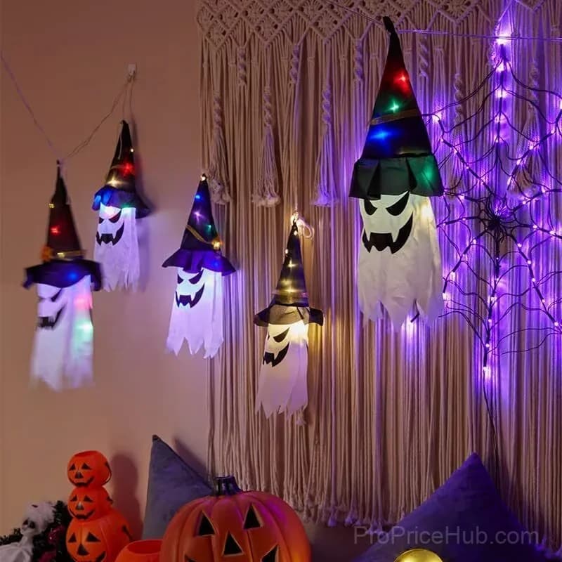 Glowing Ghost Witch Hat Halloween Hanging Light Decor, Warm Light - View 9