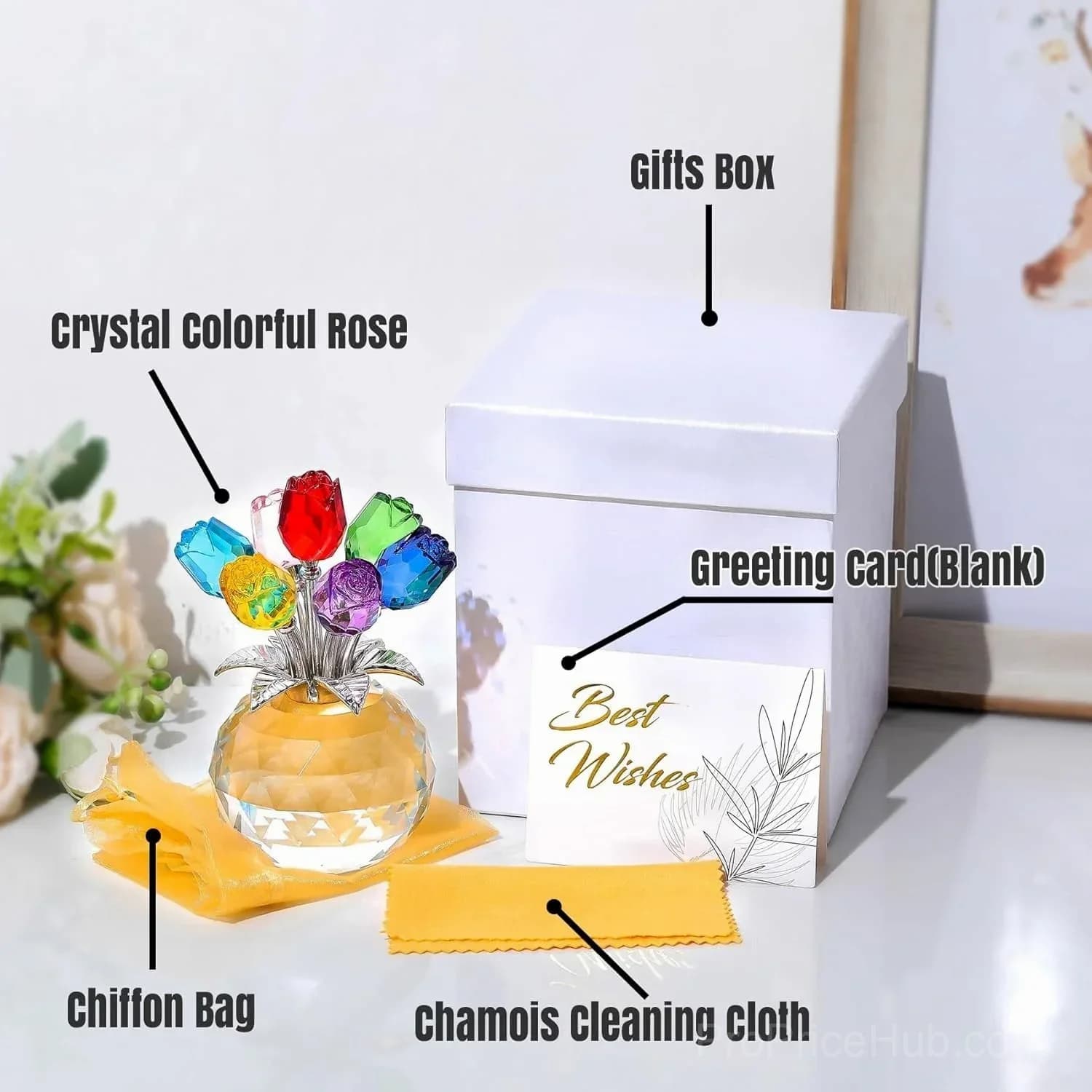 Crystal Colorful Rose Flower Figurine with Vase - View 5