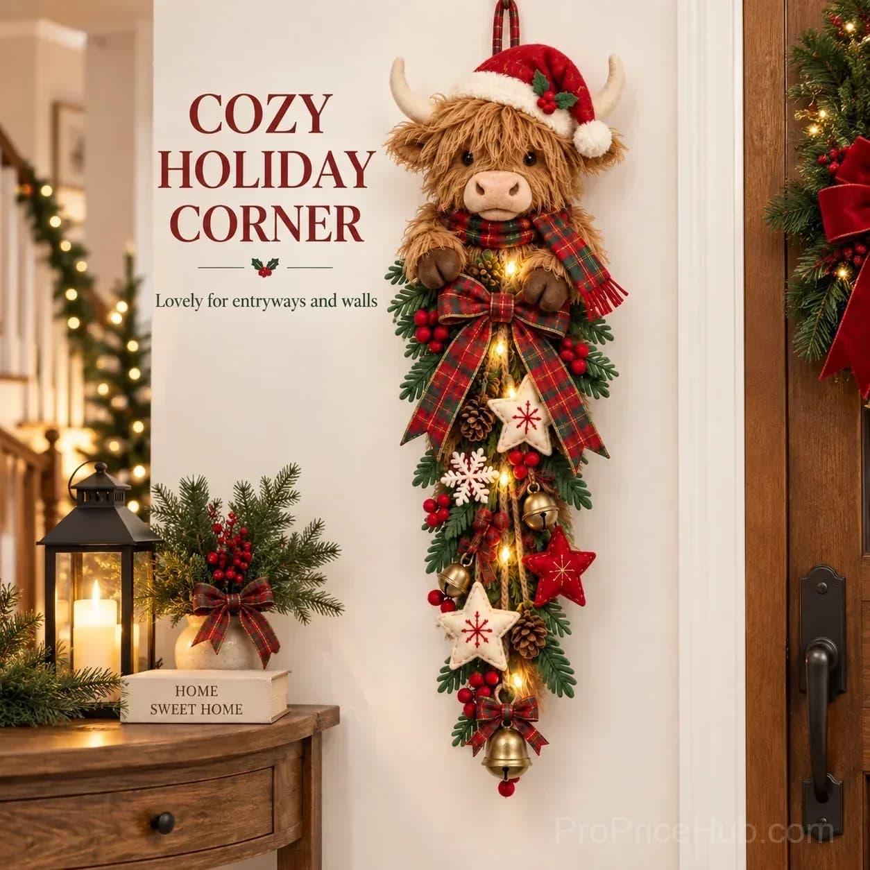 Lighted Highland Cow Christmas Door Swag - View 7